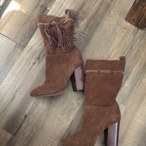 Vince Camuto Brown Suede Tassel Mid-Calf Heeled Boots